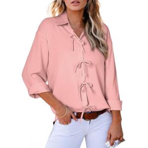 imageAstylish Womens V Neck Long Sleeve Blouse Button Down Solid Color Shirt Bow Tie Front Trendy TopsBlossom