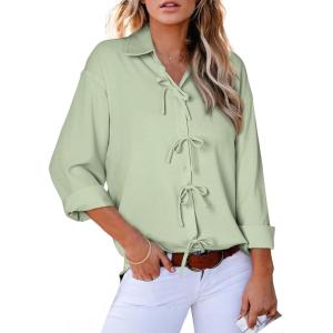 imageAstylish Womens V Neck Long Sleeve Blouse Button Down Solid Color Shirt Bow Tie Front Trendy TopsGrass Green