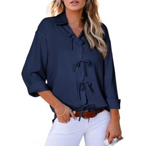 imageAstylish Womens V Neck Long Sleeve Blouse Button Down Solid Color Shirt Bow Tie Front Trendy TopsSail Blue