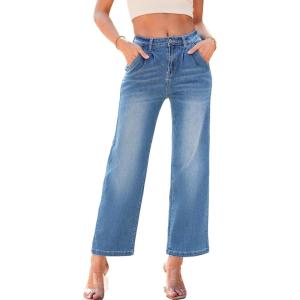 imageAstylish Women 2025 Wide Leg Jeans Cropped Jeans Stretchy High Waisted Baggy Loose Boyfriend Vintage Denim PantsDusk Blue