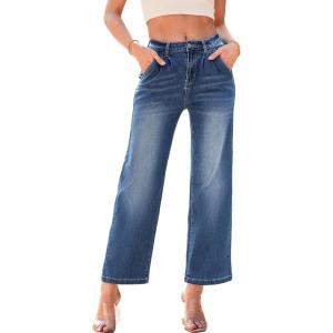 imageAstylish Women 2025 Wide Leg Jeans Cropped Jeans Stretchy High Waisted Baggy Loose Boyfriend Vintage Denim PantsSail Blue