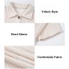 imageAstylish Women Waffle Knit Tops Henley Shirts Short Sleeve V Neck Solid Color Casual TunicLight French Beige