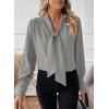 imageAstylish Womens Bow Tie Neck Long Sleeve Dressy Elegant Office Work Blouse Shirt TopsGray