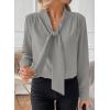 imageAstylish Womens Bow Tie Neck Long Sleeve Dressy Elegant Office Work Blouse Shirt TopsGray