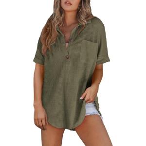 imageAstylish Women Waffle Knit Tops Henley Shirts Short Sleeve V Neck Solid Color Casual TunicMoss Green