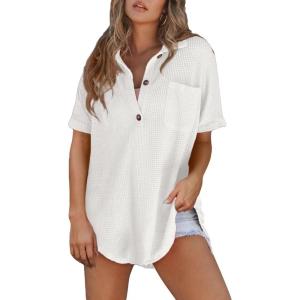 imageAstylish Women Waffle Knit Tops Henley Shirts Short Sleeve V Neck Solid Color Casual TunicWhite