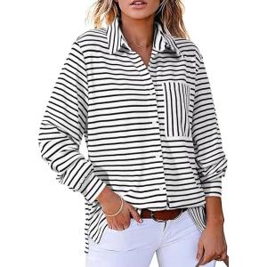 imageAstylish Womens 2025 Cute Striped Waffle Oversized Stretchy Long Sleeve Shirts Soft Collared V Neck Button Up Blouses TopsBlack Stripe