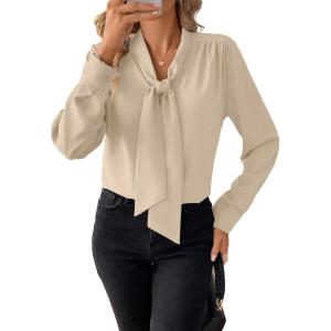 imageAstylish Womens Bow Tie Neck Long Sleeve Dressy Elegant Office Work Blouse Shirt TopsApricot