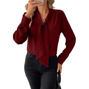 imageAstylish Womens Bow Tie Neck Long Sleeve Dressy Elegant Office Work Blouse Shirt TopsBurgundy