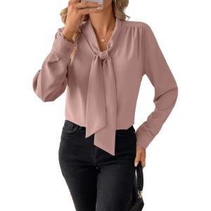 imageAstylish Womens Bow Tie Neck Long Sleeve Dressy Elegant Office Work Blouse Shirt TopsPink
