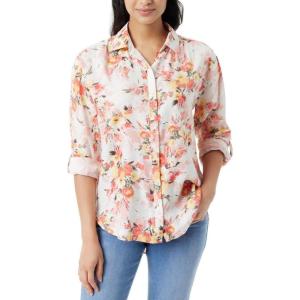 imageGloria Vanderbilt Womens Amanda Button Down Shirt with Rolltab Sleeves StandardVintage WhiteWildflower Bouquet