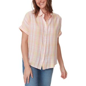 imageGloria Vanderbilt Womens Daisy Short Sleeve HighLow Button Down Shirt StandardAlmond Cream  Piper Plaid