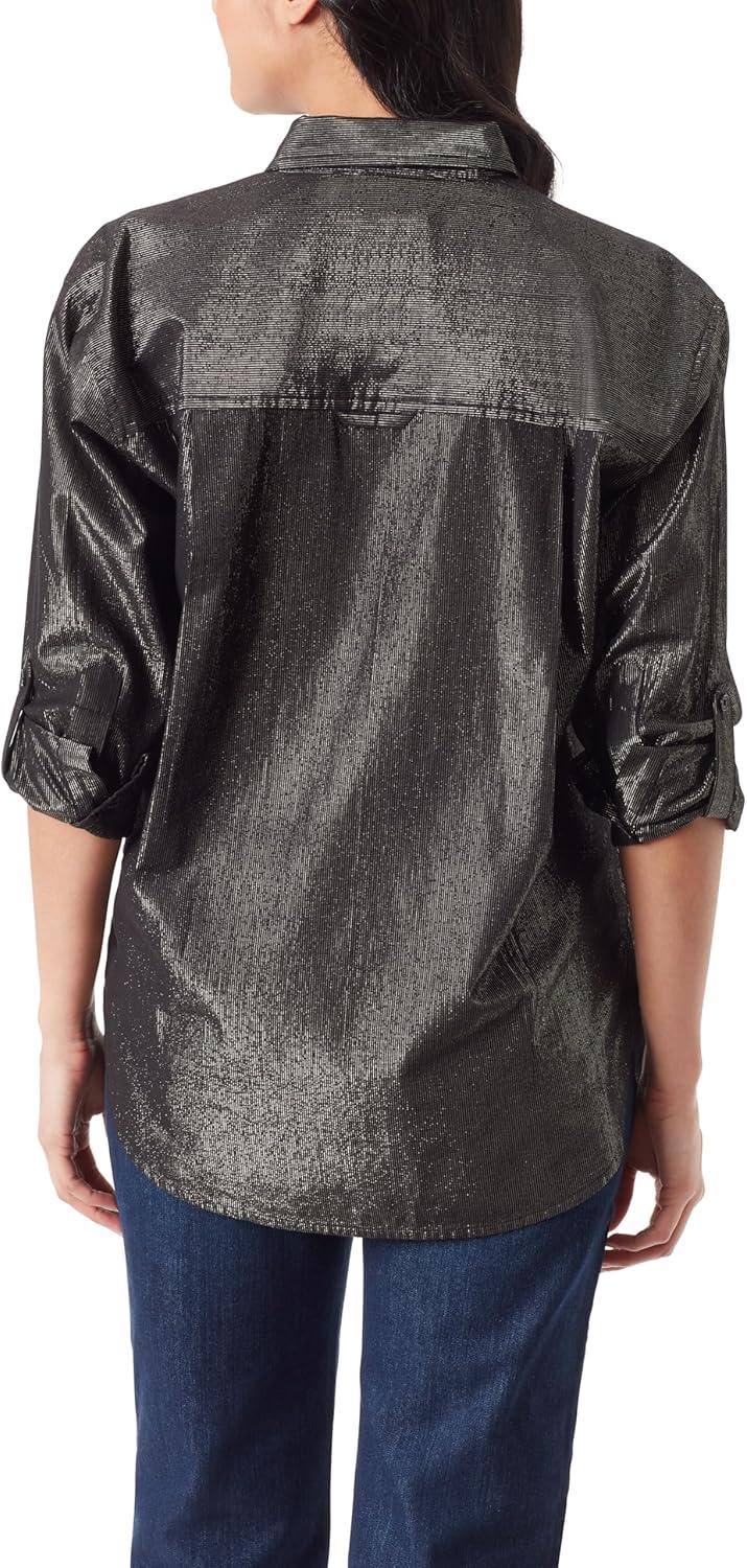 imageGloria Vanderbilt Womens Amanda Oversized Button Down Shirt with Rolltab SleevesBlack Lurex