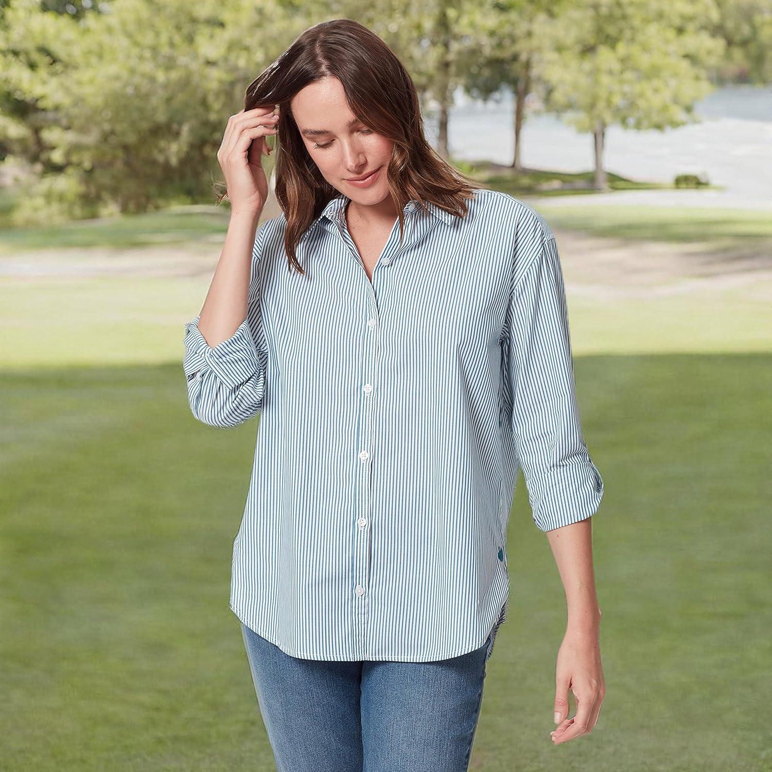 imageGloria Vanderbilt Womens Amanda Oversized Button Down Shirt with Rolltab SleevesCaspian Stripe