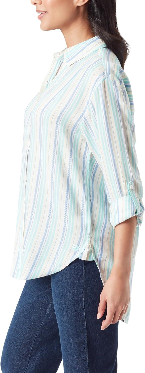 imageGloria Vanderbilt Womens Amanda Oversized Button Down Shirt with Rolltab SleevesClearwater Blue Greetings Stripe