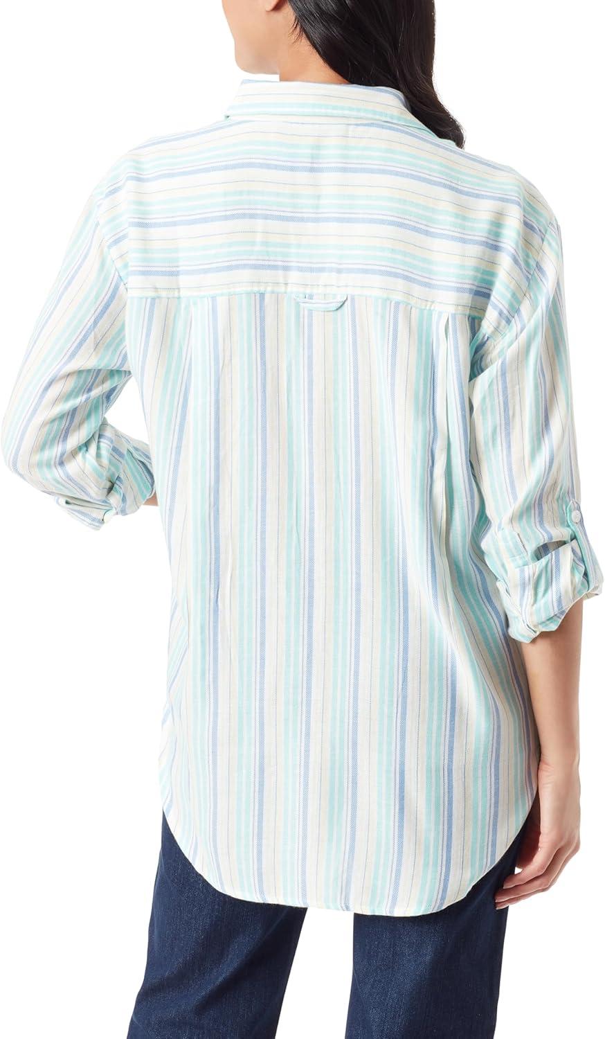 imageGloria Vanderbilt Womens Amanda Oversized Button Down Shirt with Rolltab SleevesClearwater Blue Greetings Stripe