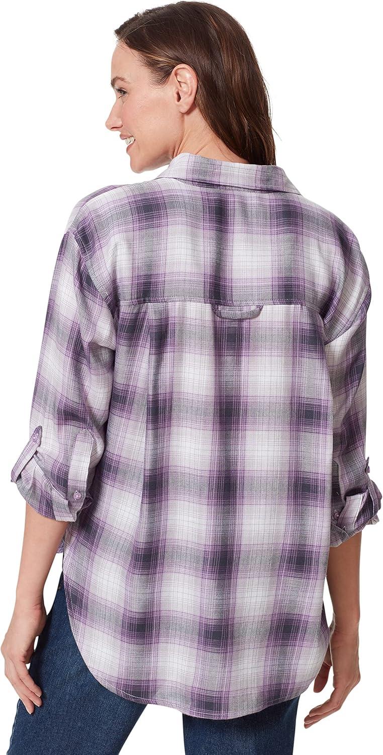 imageGloria Vanderbilt Womens Amanda Oversized Button Down Shirt with Rolltab SleevesDusty Iris Camp Plaid