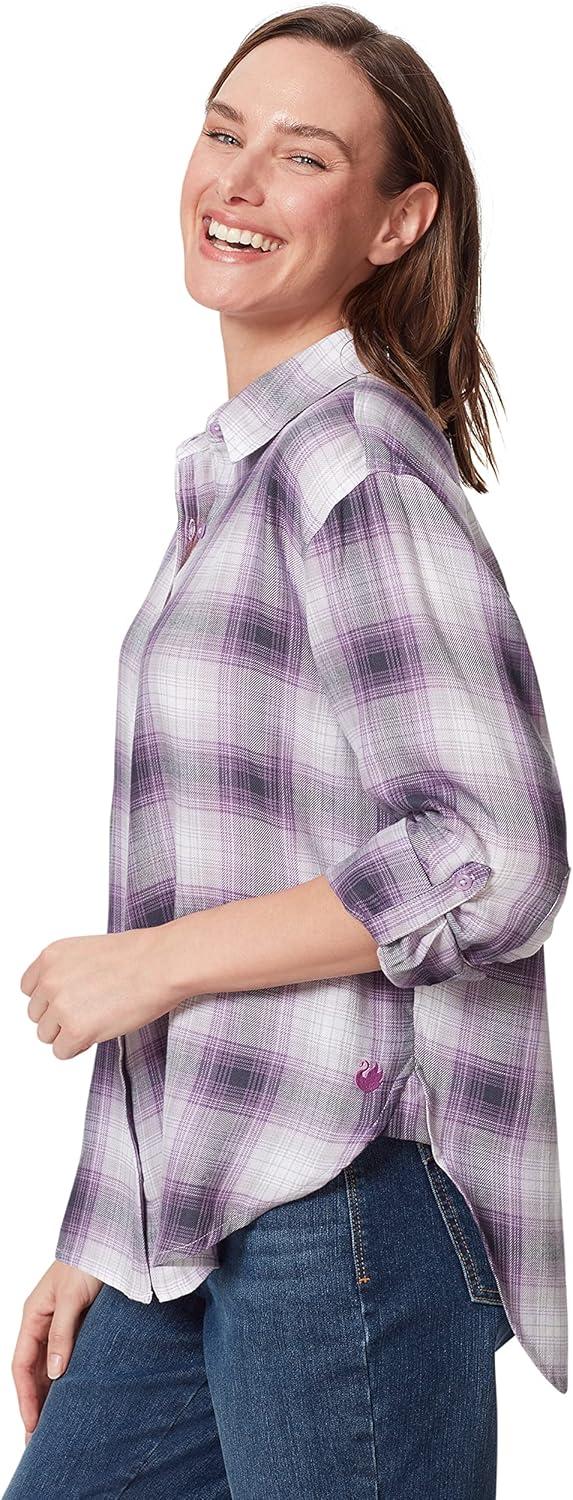 imageGloria Vanderbilt Womens Amanda Oversized Button Down Shirt with Rolltab SleevesDusty Iris Camp Plaid