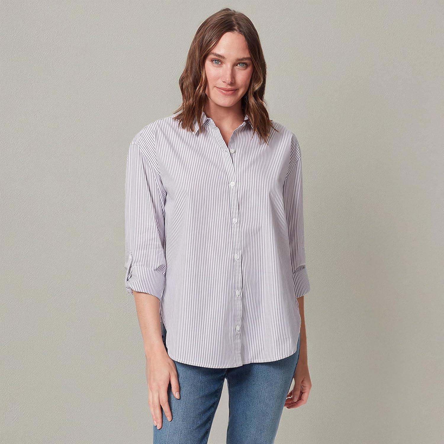 imageGloria Vanderbilt Womens Amanda Oversized Button Down Shirt with Rolltab SleevesDusty Iris Stripe