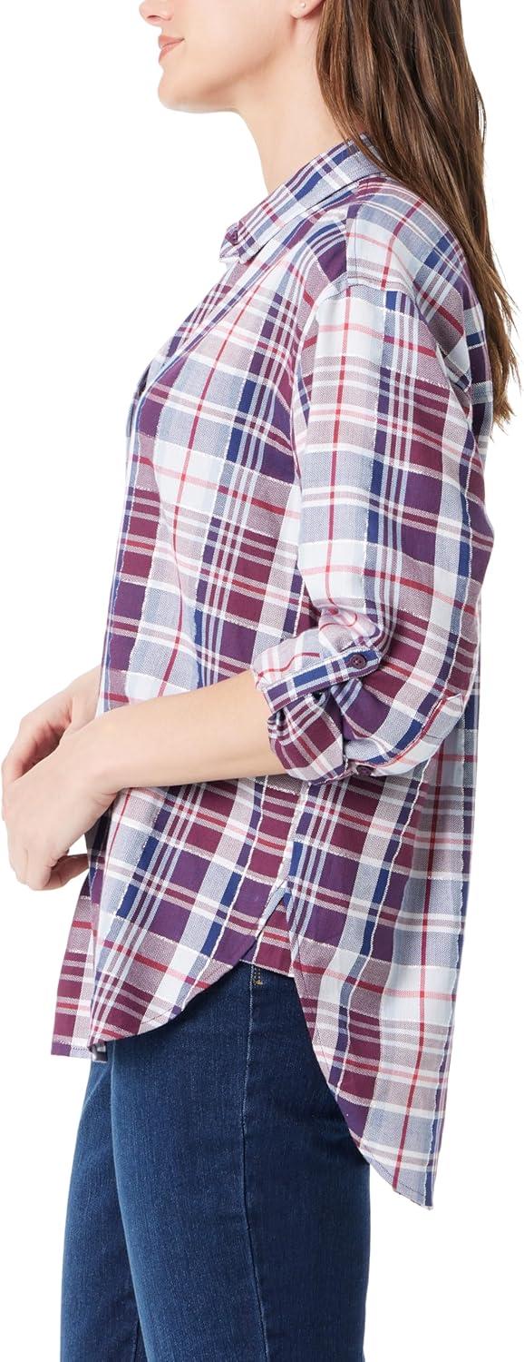 imageGloria Vanderbilt Womens Amanda Oversized Button Down Shirt with Rolltab SleevesElectric Violet Ballad Plaid