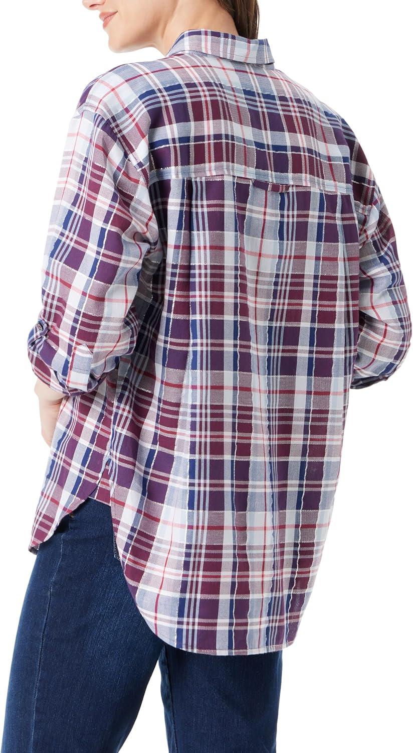 imageGloria Vanderbilt Womens Amanda Oversized Button Down Shirt with Rolltab SleevesElectric Violet Ballad Plaid