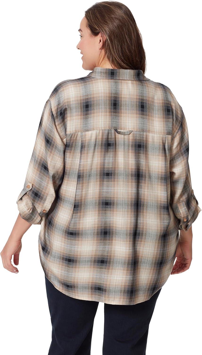 imageGloria Vanderbilt Womens Amanda Oversized Button Down Shirt with Rolltab SleevesFlint Grey Camp Plaid