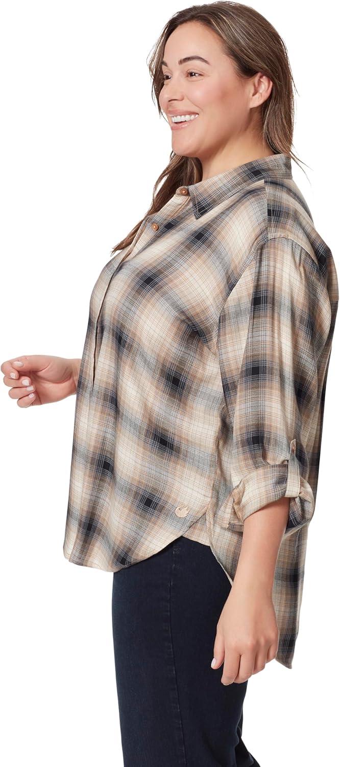 imageGloria Vanderbilt Womens Amanda Oversized Button Down Shirt with Rolltab SleevesFlint Grey Camp Plaid