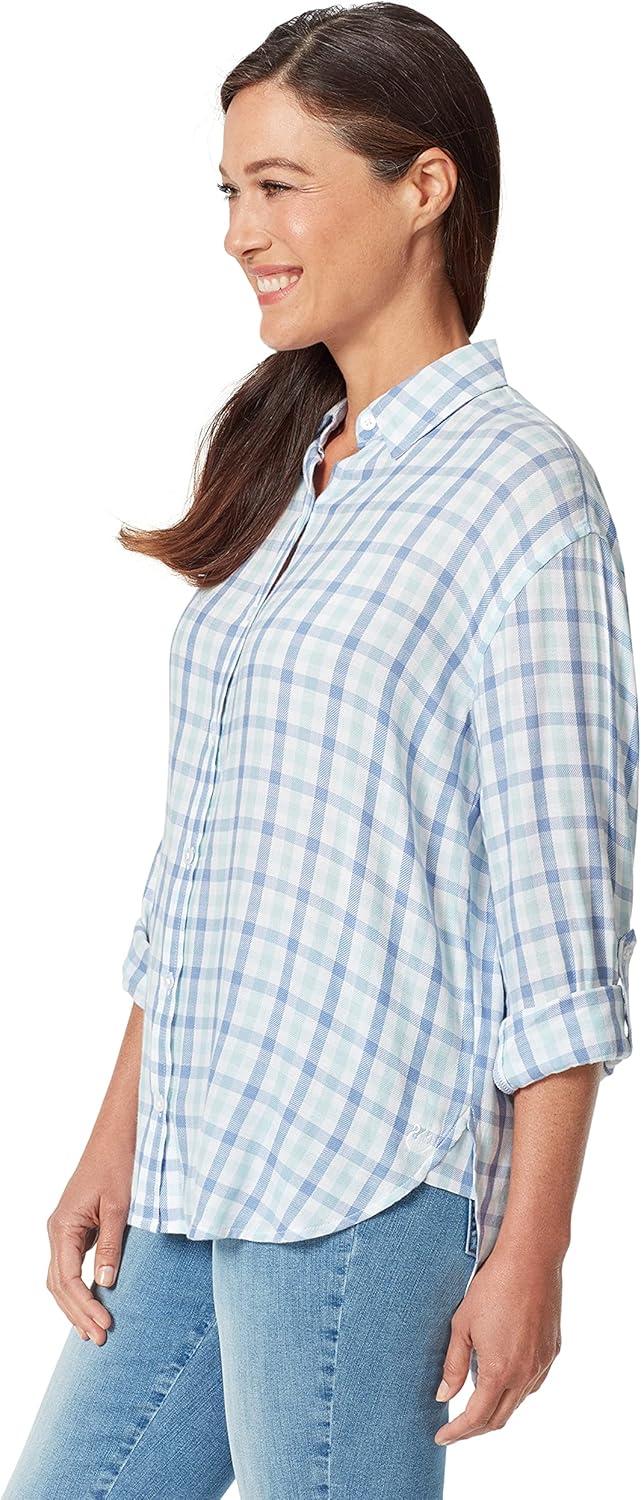 imageGloria Vanderbilt Womens Amanda Oversized Button Down Shirt with Rolltab SleevesPale Sky Woodland Gingham