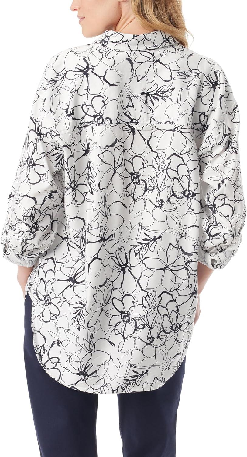 imageGloria Vanderbilt Womens Amanda Oversized Button Down Shirt with Rolltab SleevesVintage White Ink Brush Floral