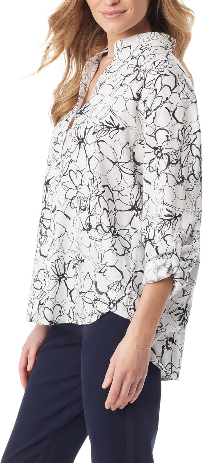 imageGloria Vanderbilt Womens Amanda Oversized Button Down Shirt with Rolltab SleevesVintage White Ink Brush Floral