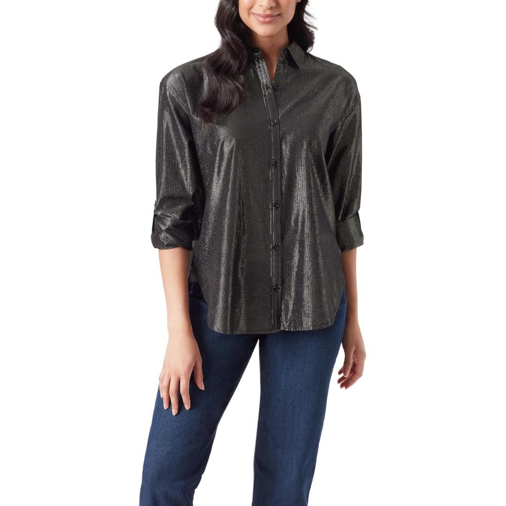 imageGloria Vanderbilt Womens Amanda Oversized Button Down Shirt with Rolltab SleevesBlack Lurex