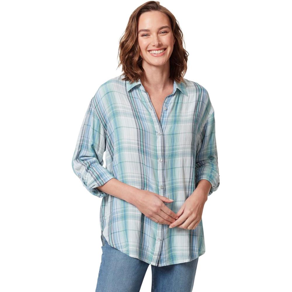 imageGloria Vanderbilt Womens Amanda Oversized Button Down Shirt with Rolltab SleevesBlue Breeze Spectra Plaid