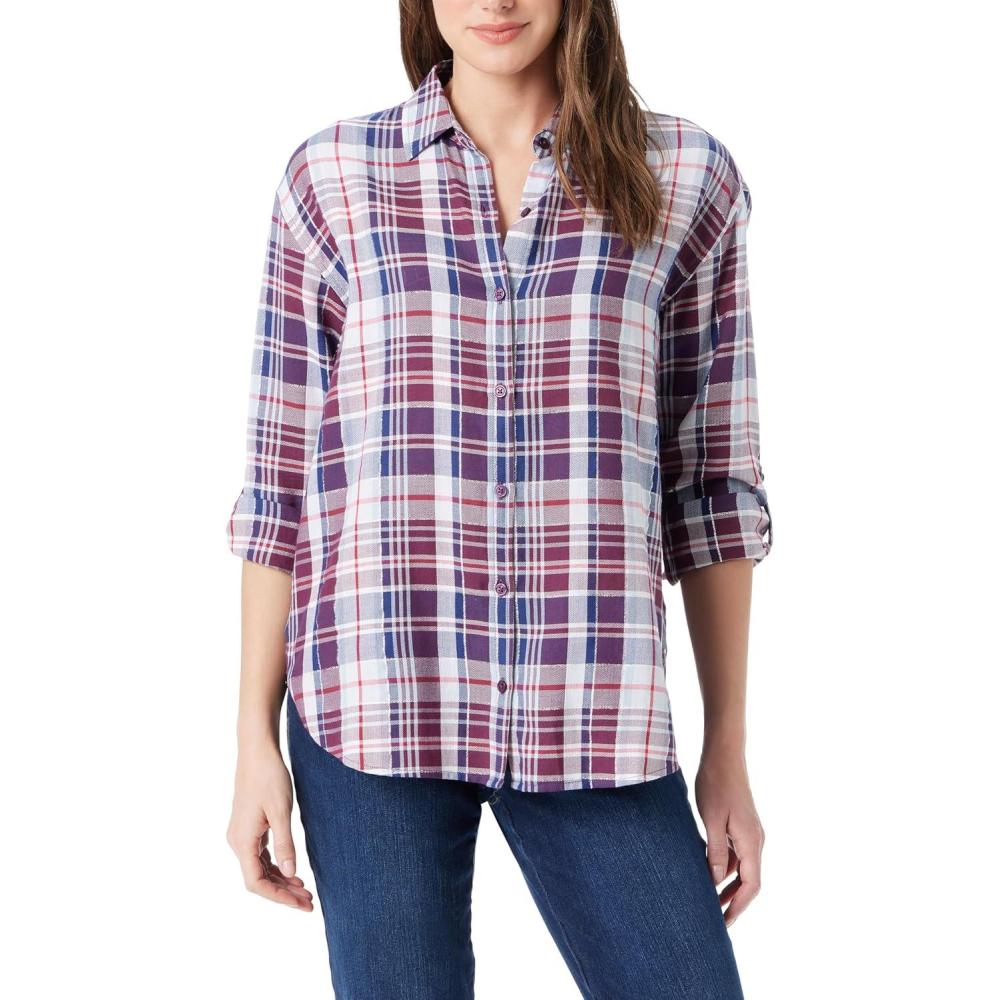 imageGloria Vanderbilt Womens Amanda Oversized Button Down Shirt with Rolltab SleevesElectric Violet Ballad Plaid
