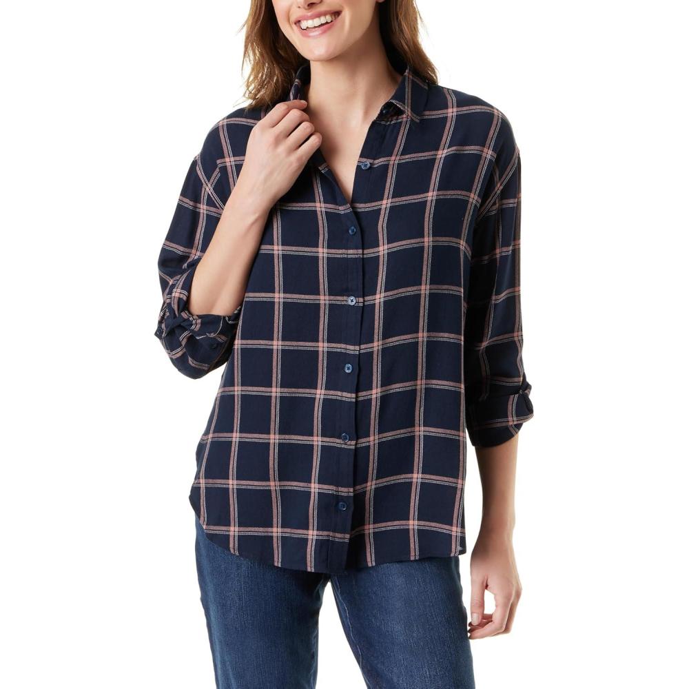 imageGloria Vanderbilt Womens Amanda Oversized Button Down Shirt with Rolltab SleevesMidnight Affair Autumn Windowpane