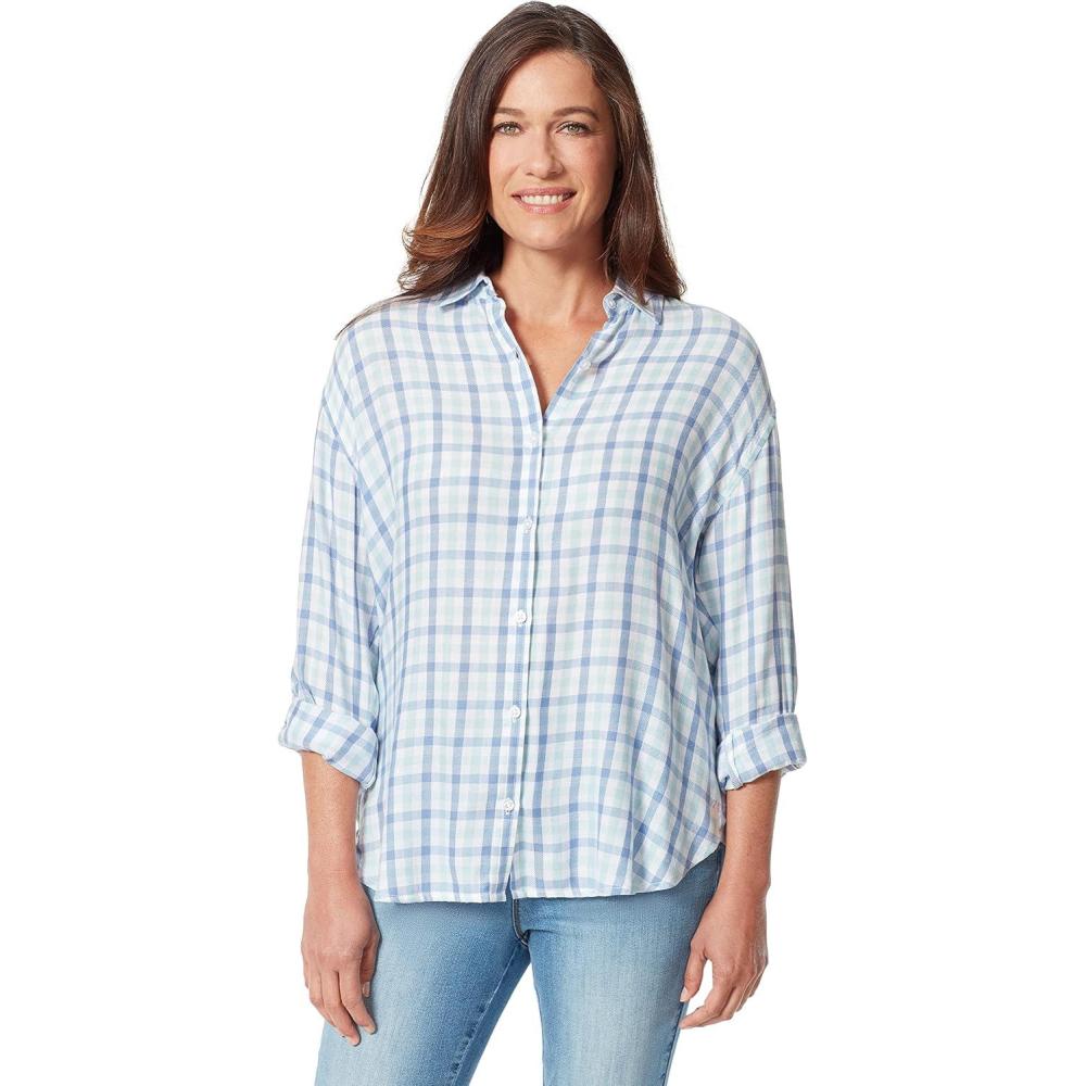 imageGloria Vanderbilt Womens Amanda Oversized Button Down Shirt with Rolltab SleevesPale Sky Woodland Gingham
