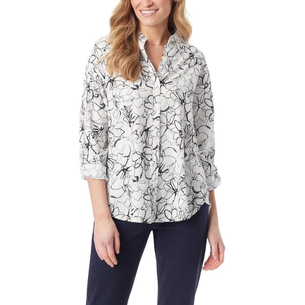 imageGloria Vanderbilt Womens Amanda Oversized Button Down Shirt with Rolltab SleevesVintage White Ink Brush Floral