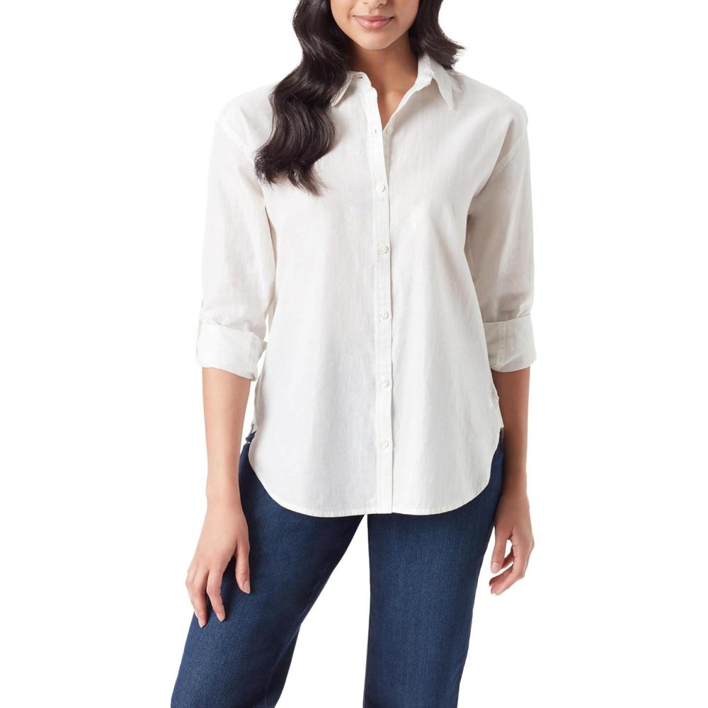 imageGloria Vanderbilt Womens Amanda Oversized Button Down Shirt with Rolltab SleevesVintage White Lurex