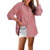 imageAstylish Women Blouses Oversized Striped Shirt Long Sleeve V Neck Button Down Work TopsPink Stripe