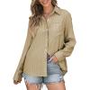 imageAstylish Women Blouses Oversized Striped Shirt Long Sleeve V Neck Button Down Work TopsZa Khaki