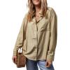 imageAstylish Women Blouses Oversized Striped Shirt Long Sleeve V Neck Button Down Work TopsZa Khaki