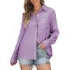 imageAstylish Women Blouses Oversized Striped Shirt Long Sleeve V Neck Button Down Work TopsZa Purple Stripe