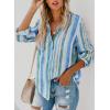 imageAstylish Women V Neck Striped Roll up Sleeve Button Down Blouse TopsH Blue