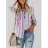 imageAstylish Women V Neck Striped Roll up Sleeve Button Down Blouse TopsH White