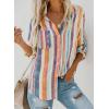 imageAstylish Women V Neck Striped Roll up Sleeve Button Down Blouse TopsMulticolor