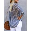 imageAstylish Women V Neck Striped Roll up Sleeve Button Down Blouse TopsN Blue
