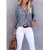 imageAstylish Women V Neck Striped Roll up Sleeve Button Down Blouse TopsN Blue