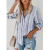imageAstylish Women V Neck Striped Roll up Sleeve Button Down Blouse TopsY Black