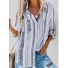 imageAstylish Women V Neck Striped Roll up Sleeve Button Down Blouse TopsY Black