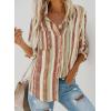 imageAstylish Women V Neck Striped Roll up Sleeve Button Down Blouse TopsY Brown Green