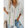 imageAstylish Women V Neck Striped Roll up Sleeve Button Down Blouse TopsY Green